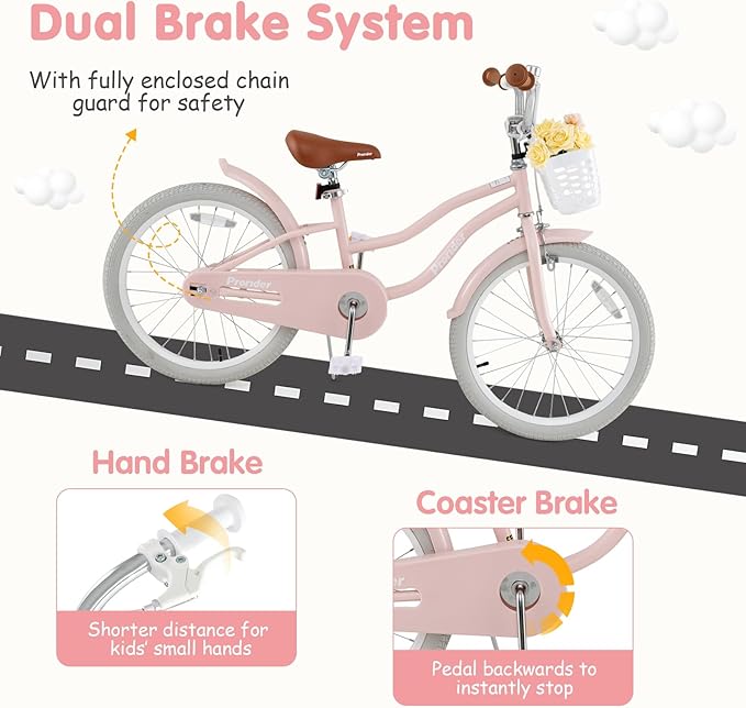 BABY JOY Kids Bike, 12 14 16 18 20 Inch Boys Girls Bike w/Adjustable Seat, Removable Basket, Handbrake & Coaster Brake, Training Wheels or Kickstand, Kids Bicycle with Multi-Color