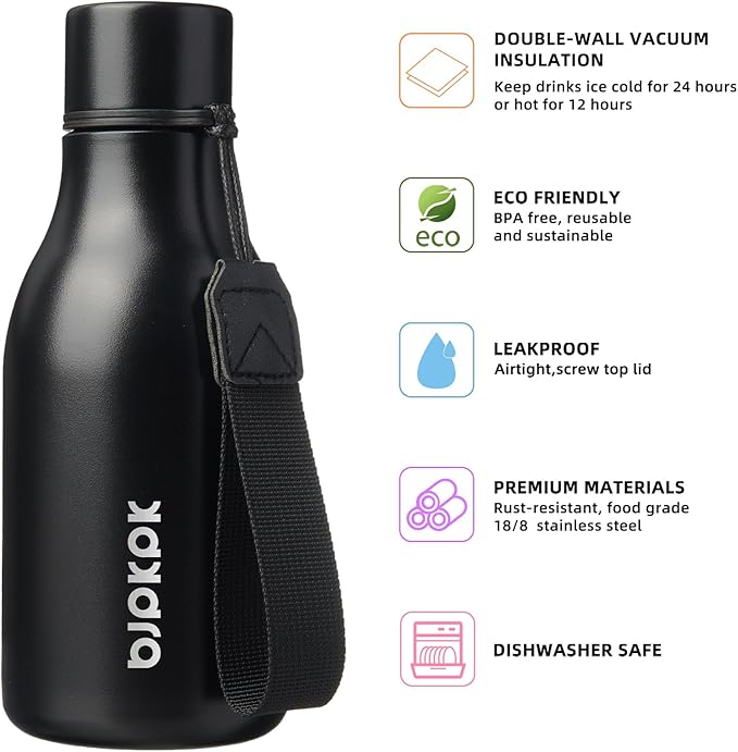 BJPKPK Insulated Water Bottles, 12oz Stainless Steel Metal Water Bottle with Strap, BPA Free Leak Proof Thermos, Mugs, Flasks, Reusable Water Bottle for Sports & Travel, Black