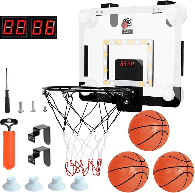 CYFIE LED Basketball Hoop, Suction Cup/Over The Door Basketball Hoop with Sturdy Backboard/Electronic Scoreboard, Sound, 3 Balls, Mini Indoor Basketball Toy Gifts for Kids Teens Boys Girls Youth