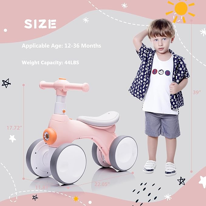 Baby Toddler Balance Bike with Bubble Machine for 1 Year Old Children,4 Wheels Kids Balance Bike w/Bubble Maker,Kids Ride on Toys,Headlight for Ages 12-36 Months Boys Girls (Pink&Orange)