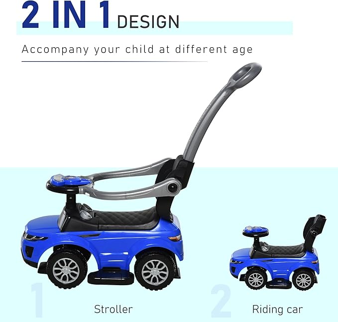 Aosom 2 in 1 Push Car for Toddlers - Kid Ride on Stroller with Horn, Music, Light Function, Secure Bar - Sliding Toy for Boys and Girls 1-3 Years Old, Blue