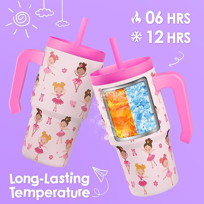 Ballerina Tumbler 20oz with Handle and Silicone Straw Lid for Kid, Insulated Stainless Steel Cup, Gift for Kids Girls, Gifts Idea for Birthday Christmas Back to School