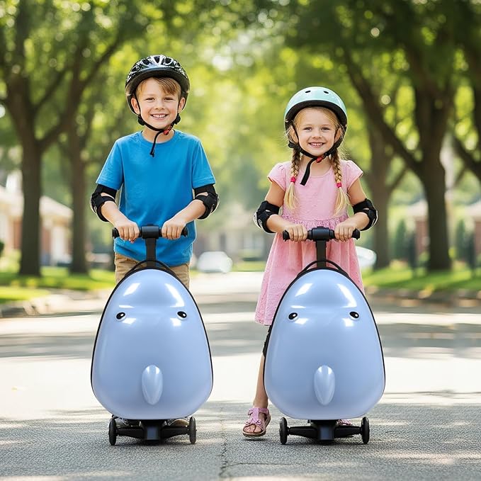 smilesun 4-in-1 Detachable Scooter Suitcase for Kids & Teens, 3D Owl/Dolphin Hardside Ride-On Luggage, Lightweight Foldable Design, Unique Travel Gift for Children (Dolphin, 22-inch)
