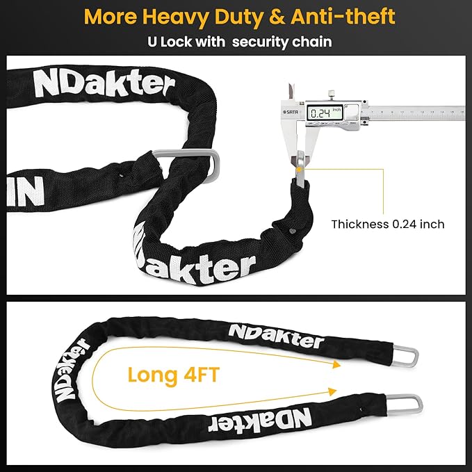 NDakter Bike Locks Heavy Duty Anti Theft, Bike U Lock with 4FT Chain and Bracket,15mm Shackle Electric Bicycle Lock for Scooter, 3 Keys Motorcycle Wheel Lock for Ebike, Moped, Tricycle
