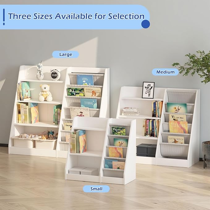 White Kids Bookshelf Wood Toy Storage Organizer Cabinet Children Bookcase Toddler Baby Sling Book Rack Adjustable Shelf for Playroom Bedroom Nursery Hallway School Kindergarten