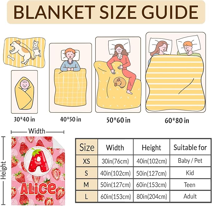 Personalized Blanket for Girls Kids Toddlers, Custom Strawberry Throw Blanket Gifts with Initial Letter, 4 Sizes Optional Soft Bedding Blankets for Couch Sofa Bed