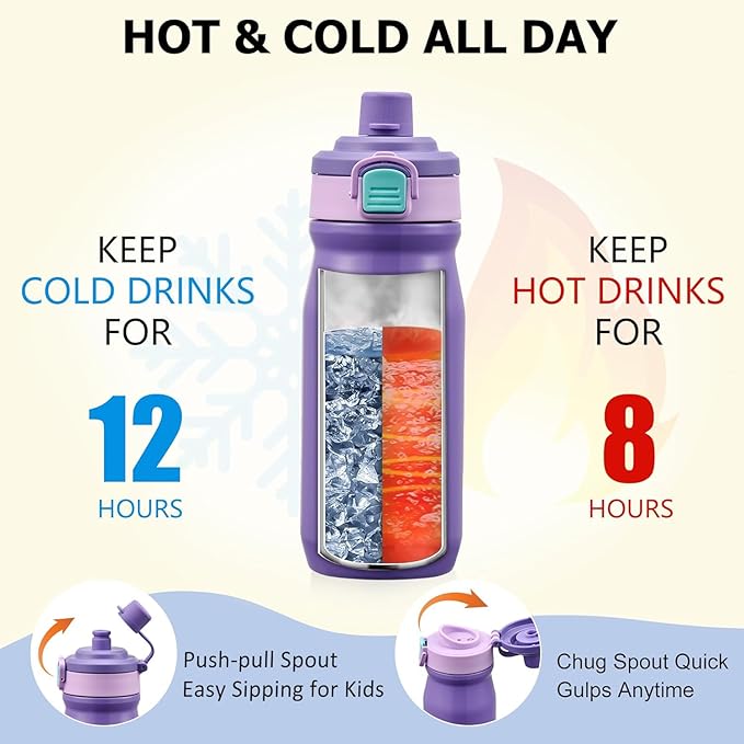 Bento Lunch Box for Kids with Thermos, Leakproof Bento Box with 8oz Insulated Food Jar, Insulated Bottle, Lunch Bag, BPA Free Dishwasher Safe 4 Compartment Container for School Girls Boys (Purple)