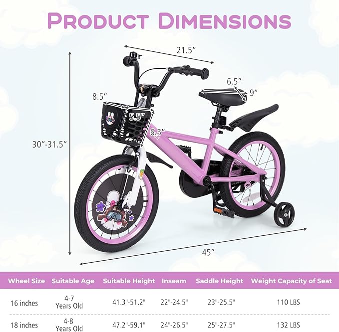 BABY JOY Rabbit Pilot Sporty Kids Bike, 12 14 16 18 Inch Child Bike for 3-8 Years Old with Adjustable Height, Training Wheels, Storage Basket, Handbrake & Coaster Brake, Kids Bicycle for Girls Boys