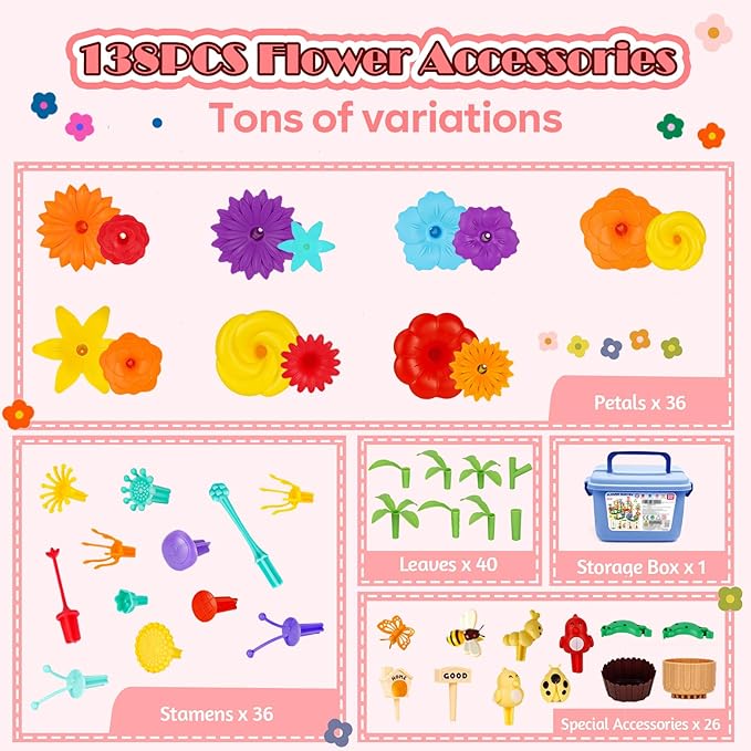 FUNZBO 138pcs Flower Garden Building Set - Christmas Spring Toys for 3 4 5 6 7 Years Old Girl, Sorting & Stacking Building Block, STEM Montessori Educational Toy for Kid Toddler Birthday Gift