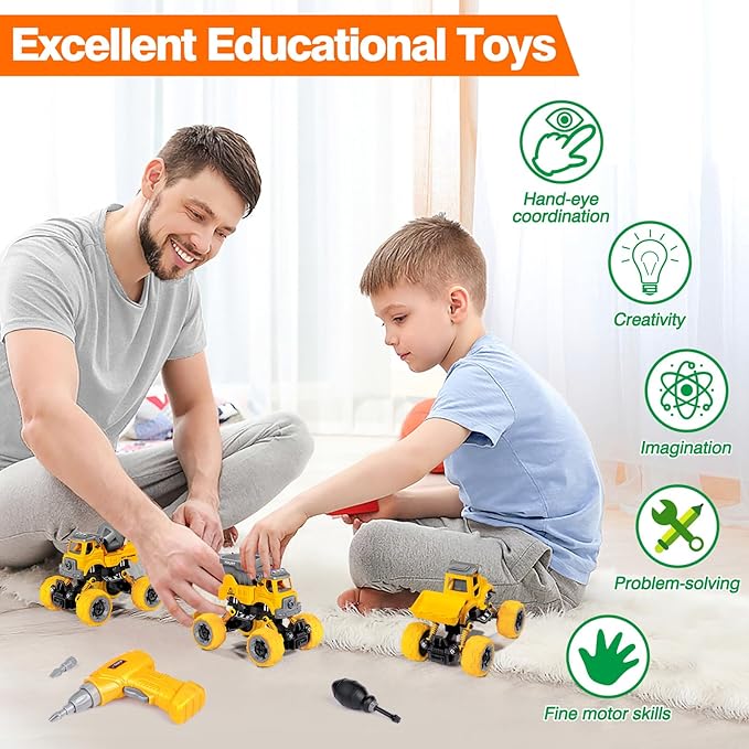 LUDILO 4PCS Take Apart Toys for 4 Year Old Boys Construction Toys with Electric Drill DIY Assembly Building Stem Toys Trucks Gifts for 3 4 5 6 7 8 Year Old Boys Girls Kids Learning Educational Toys