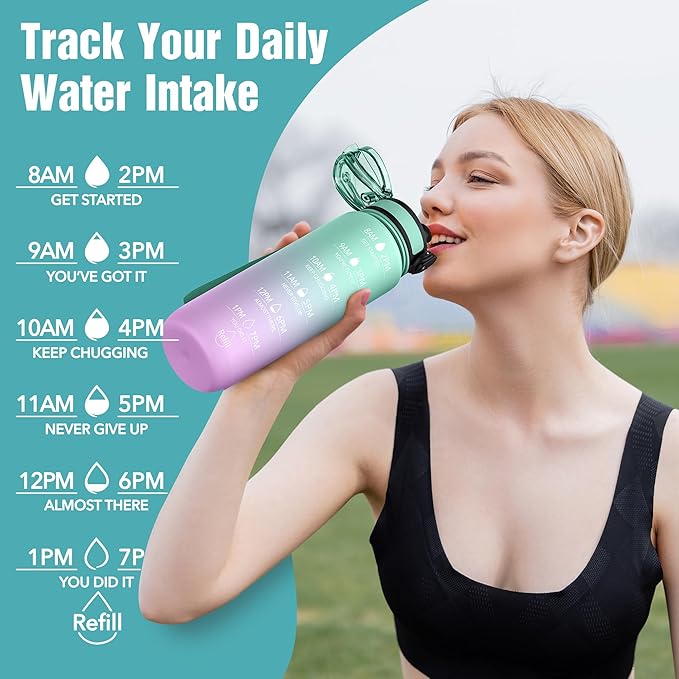 OLDLEY Water Bottle, 32oz Motivational Sports Water Bottle with Time Marker - Times to Drink - Tritan, BPA Free, Wide Mouth Leakproof, Moon Light (1 Bottle)