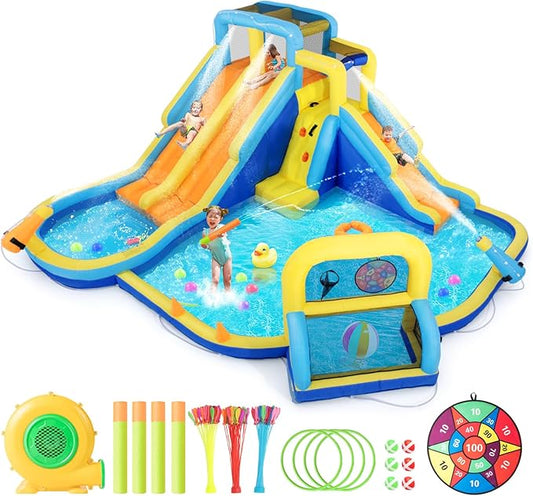 JOYLDIAS Inflatable Water Slide,Water Park Bounce House,Three Slide Bouncer Castle Playhouse w/Splash Pool, Climbing Wall, Felt Ball Target, Ring Toss Game, Goal for Kids Outdoor Fun, 680W Air Blower
