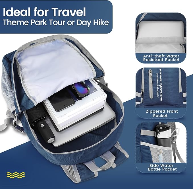 ZOMAKE Lightweight Packable Backpack, 35L Light Foldable Hiking Backpacks Water Resistant Collapsible Daypack for Travel(Navy Blue)