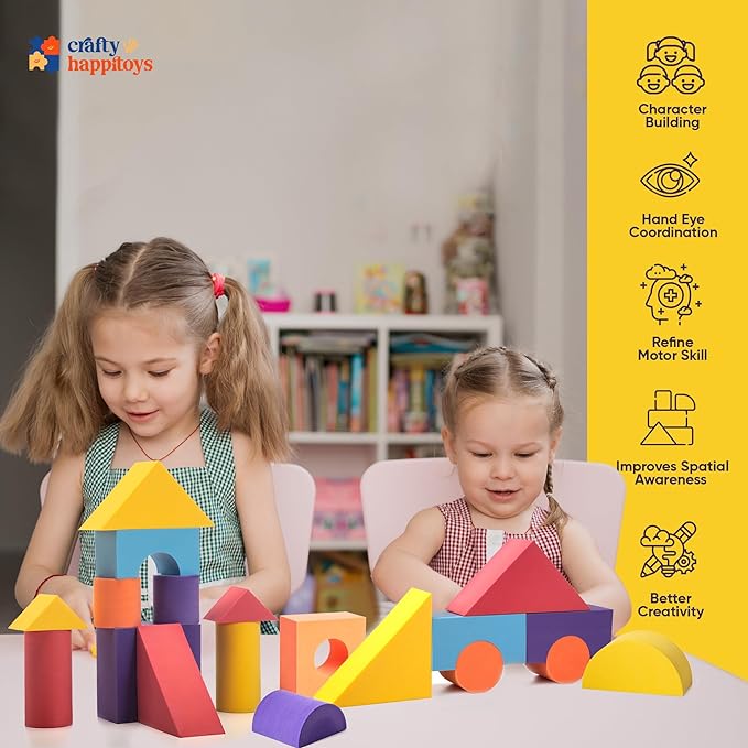 Set of 34 Large Foam Blocks for Toddlers - Stacking Soft Blocks for Kids with Shapes & Colors Learning - Construction Building Preschool Toys - Soft Toy for Daycare Toddlers 3-5 & Above