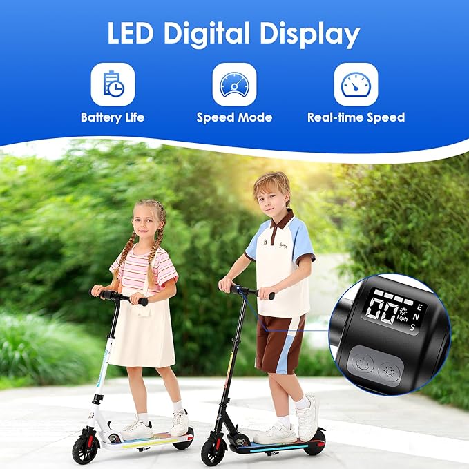 Caroma Electric Scooter for Kids Ages 6-14, 180W/150W Motor & 10 Mph, 85 Mins Ride Time, Adjustable Height & Speed, LED Display & Colorful Lights, Kids Electric Scooter, Best Gifts for Girls and Boy