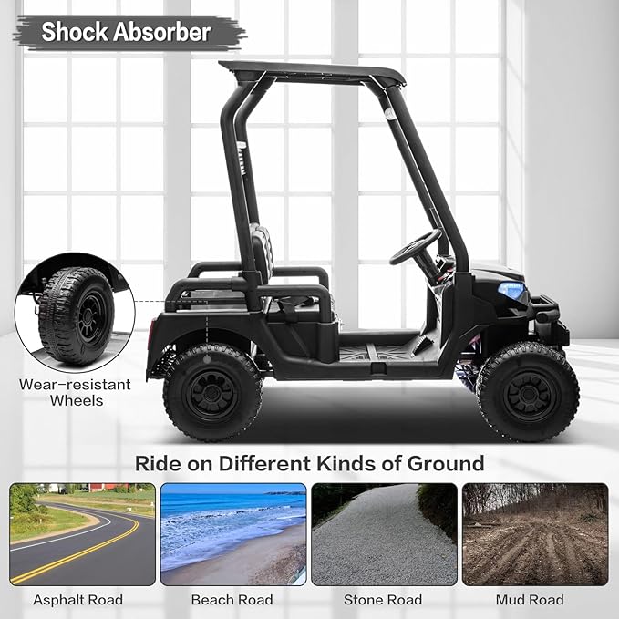 24V 2 Seater Kids Ride on Car, 4WD Golf Cart with Parent Remote Control, 4x4 Motors Ride on Truck with Roof, Toddler Electric Vehicle with Storage Box, Foot Pedal, Music Player, Lights, Horn, Black