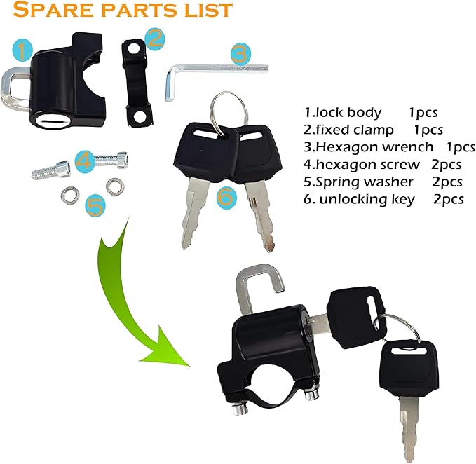 Helmet Lock Handle with 2 Keys, 22-26mm Universal Helmet Accessories for Motorbike Scooter Street Bike (Lock & Red Rope)