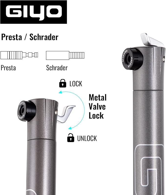 GIYO Small Bike tire Pump Schrader & Presta Valve for MTB 80 PSI Telescopic Barrel All Metal CNC Portable Mini Bike Pump Secure Valve Lock for Easy Pumping | Taiwan Made GM043