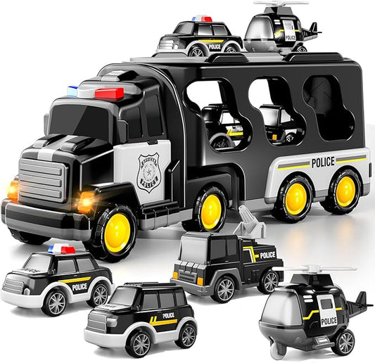 5 in 1 Police Car Carrier Truck Toy for Kids Ages 4-8, Police Truck with Light and Sound, Transporting Vehicle Boy Trucks Toy Sets, Kids Toys 3-5, Birthday Gifts for Boys Girls Aged 4-6 5-7