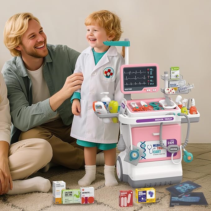 Doctor Kit for Kids Pretend Medical Station Set for Boys & Girls Mobile Cart with Kids Play Set for Ages 3 and Up Children Role Play Educational Toys (Pink)