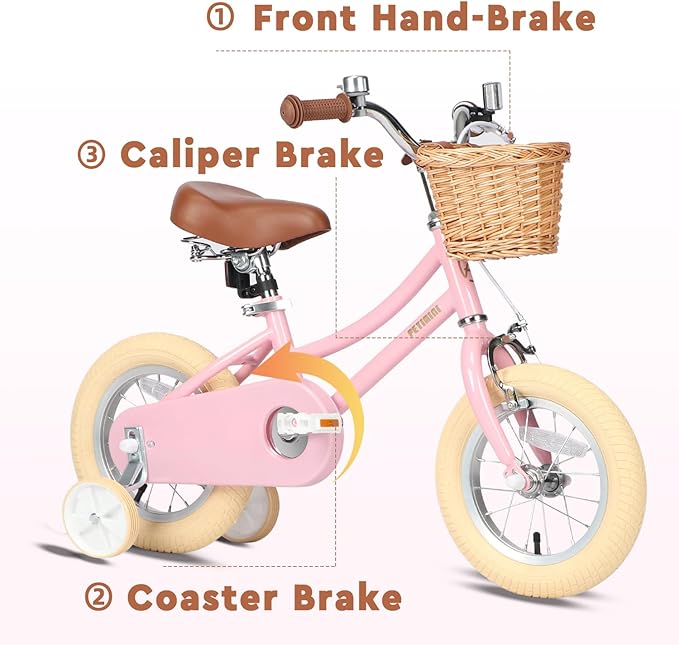 Petimini Girls Bike with Basket for 2-12 Years Old Kids, 12 14 16 18 20 Inch Bicycle with Bell Training Wheels Basket, Multiple Colors