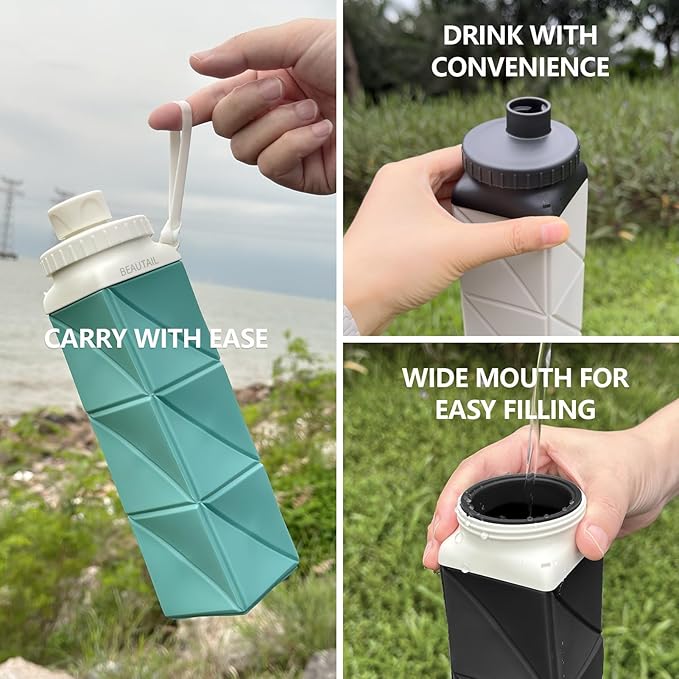 Collapsible Water Bottles, Silicone Foldable Water Bottle 610ml, Portable Lightweight Reusable Leakproof Bottle for Gym Travel Camping Hiking Sports Outdoor, 1 Pack (Blue)