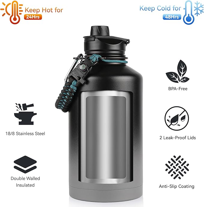 64 oz Insulated Water Bottle with Straw & Spout Lids, Stainless Steel Metal Half Gallon Water Jug with Paracord Handle, Double Wall Vacuum, Leakproof, Keep Drinks Cold & Hot, Black Gray Gradient