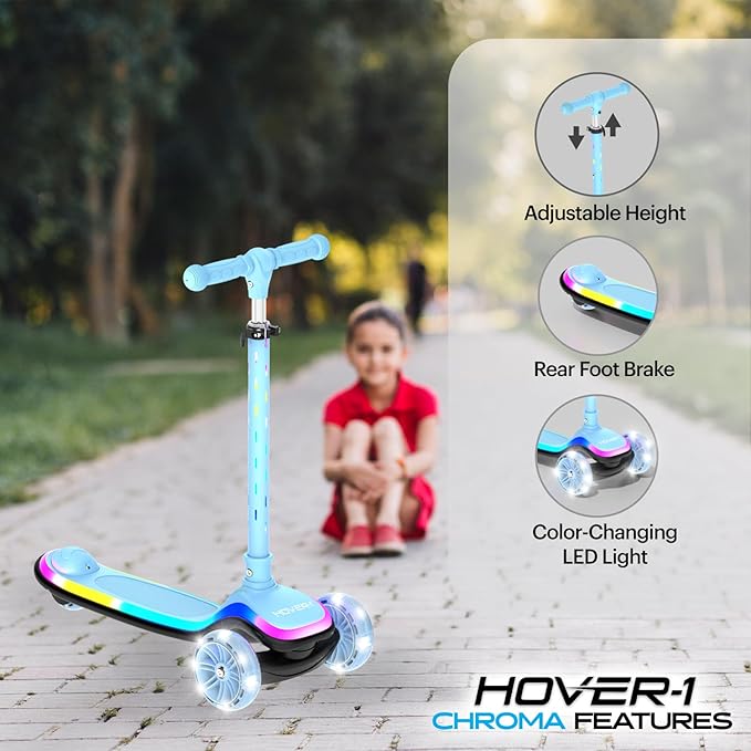 Hover-1 Chroma Folding Kick Scooter for Kids with Multicolor Wheel Lights, 3” Front Wheels, Rear Foot Brake, and 110 LB Weight Capacity