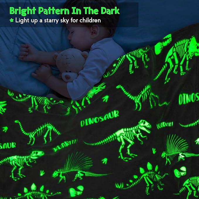 Dinosaur Gifts Toys for Kids Boys - Dino Glow in The Dark Blanket Christmas Birthday Valentines Easter Presents for Age 2 3 4 5 6 7 8 9 10 11 Years Old Teen Girls Toddler Children Throw Gray 50"x60"