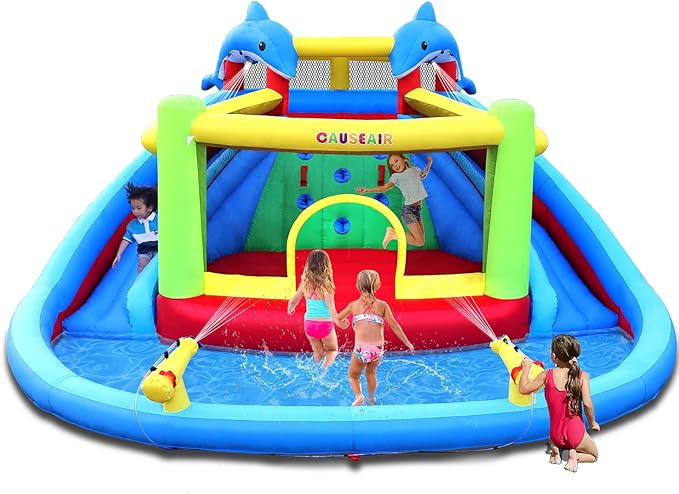 Inflatable Water Slide with Bounce House,Dolphin Styling,Splashing Pool,Double Water Cannon,Climbing Wall,Heavy Duty GFCI Blower,Inflatable Water Park Slide for Kids Backyard Summer