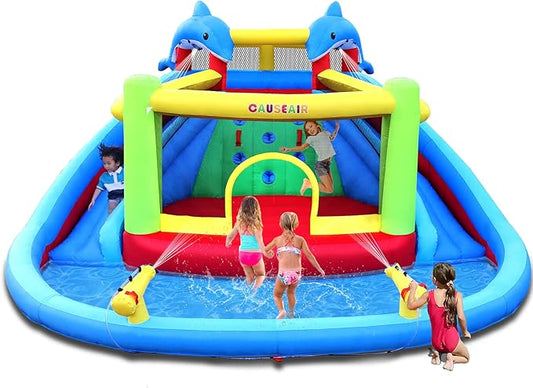 Inflatable Water Slide with Bounce House,Dolphin Styling,Splashing Pool,Double Water Cannon,Climbing Wall,Heavy Duty GFCI Blower,Inflatable Water Park Slide for Kids Backyard Summer