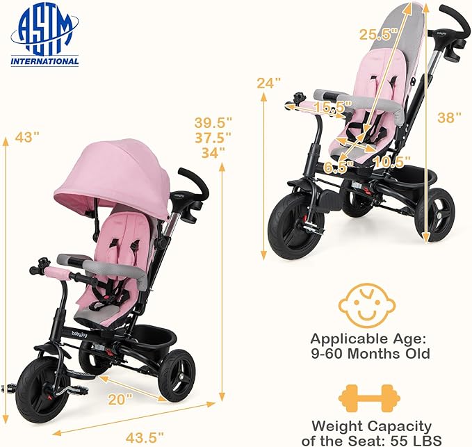 BABY JOY Tricycle, 6 in 1 Tricycle for Toddler w/Reversible Seat, Adjustable Canopy & Parent Handle, 5-Point Safety Belt, PU Wheels and Storage Basket, Push Tricycle for 9-60 Months (Pink)