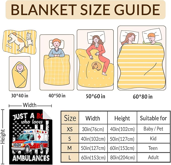 Ambulance Blanket for Boys - 30x40 Inches Cute Throw Blanket Gifts for Kids Truck Lovers - Black Soft Fuzzy Car Blankets for Sofa Couch Bed - Ambulance Stuff
