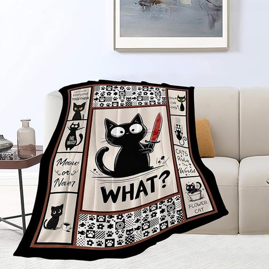Cat Blanket, Black Cat Throw Blanket, Funny Cats Gifts Blankets Stuff Fleece Flannel Plush for Girls Women Men Boys Lovers Adults Soft Bedding Gift for Sofa Bed Office Home Decor 60"x50"