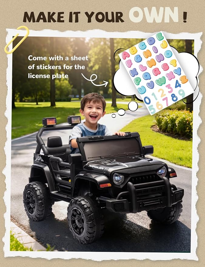 Ride on Car, 12V Kids' Electric Vehicles W/Parents Control, Ride on Toys for Toddlers with Music, Bluetooth, Four-Wheels Suspension, USB, Headlights, Black