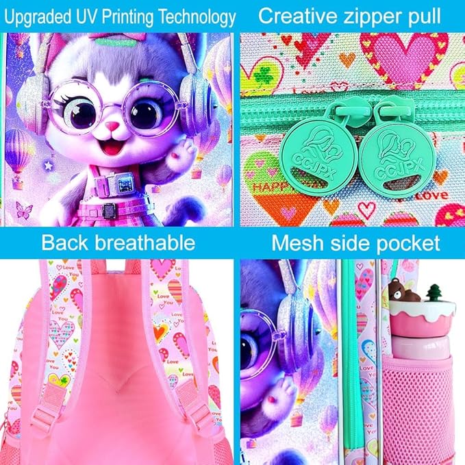 CCJPX 3Pcs Cat Backpack for Girls, 16” Kids Bookbag with Lunch Box, Water Resistant Elementary School Bag for Kindergarten Preschool Toddler (Pink)