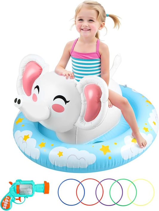 Inflatable Swimming Rings, Cute Elephant Pool Floats for Kids with Seat and Handle, Swim Ring Tubes Pool Tubes Floats with 5 Colorful Rings & Kids Water Toy for Beach & Pool Party Supplies