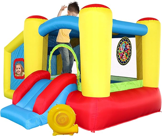 Inflatable Bounce House with Blower, Jumping Castle Slide, Kids Bouncer with Ball Pit, Basketball Rim, Dart Target Game