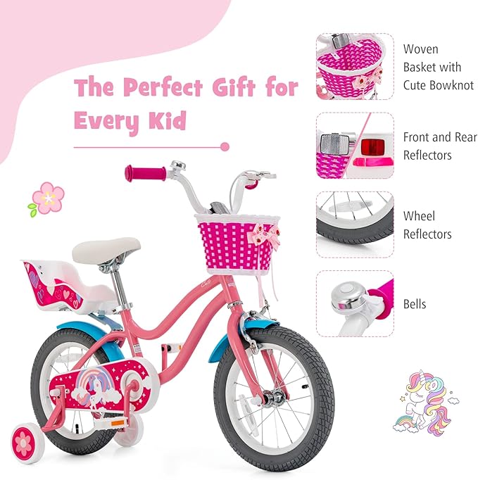 BABY JOY Kids Bike, 12 14 16 18 Inch Children Bicycle w/Detachable Training Wheels, Storage Basket, Adjustable Seat & Handlebar, Bow or Streamer, Girls Bike for 3-8 Years Old