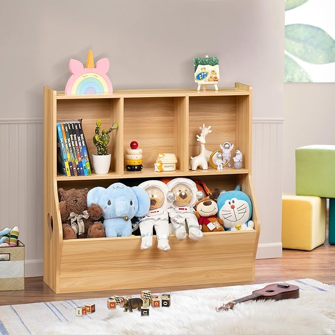 Lerliuo Kids Toy Storage Organizer, Children Small Bookcase and Bookshelf, Toddler 4 Cubby Toy Storage Cabinet, Toy Shelf for Playroom, Bedroom, Living Room, Nursery, School 29.53'' H (Natural)