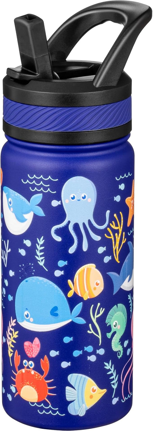 Fanhaw 18 Oz Kids Insulated Water Bottle with Straw - Stainless Steel Double Wall Vacuum Cup, Leakproof, BPA Free, Suitable for Boys and Girls(Blue - Ocean)