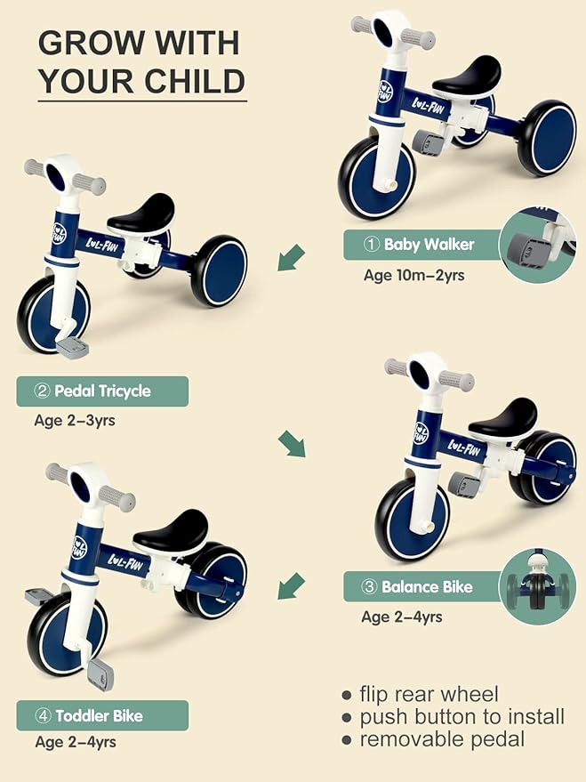 LOL-FUN Baby Balance Bike Toy for 1 2 Year Old Boys Girls Gift Toddler Tricycle 1-3 Year Old with Removable Pedal, 4 in 1 Trike for Ages 1-3 Present