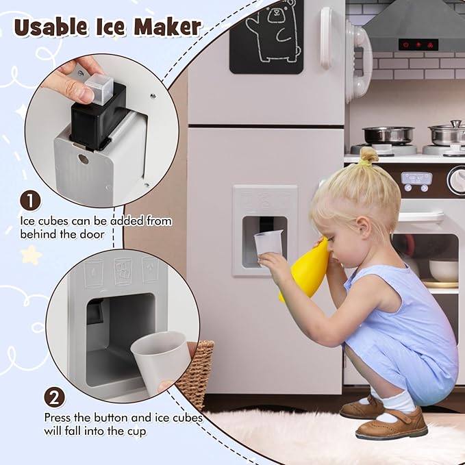 Costzon Kids Kitchen Playset,2-Piece Wooden Modular Pretend Toy Playset w/Sounds & Lights, Washing Machine, Range Hood, Ice Maker, Blackboard, Play Telephone, Play Kitchen for Kids Ages 3+ (Brown)