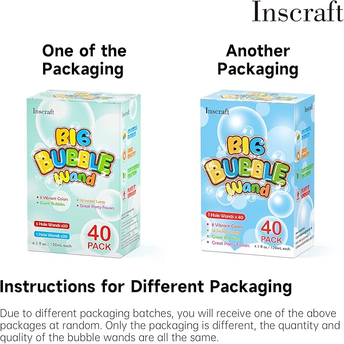 Inscraft 40 Pack 14’’ Big Bubble Wands, 8 Colors Mix Bulk for Summer Toy, Outdoor/Indoor Activity Use, Easter, Birthday, Graduation, Shower, Bubbles Party Favors Supplies for Kids