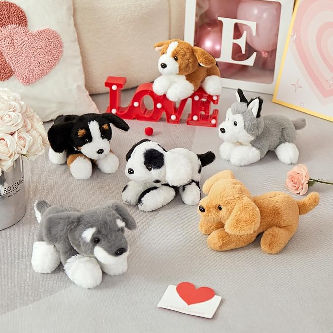 Tezituor 6 Pcs Bulk Stuffed Animals, Fluffy Assorted Stuffed Puppy Plush Toys for Kids, 11" Schnauzer, Husky, Bernese, Golden Retriever, Beagle, Spotted Dog Doll Set for Dog Themed Party Favors Gift
