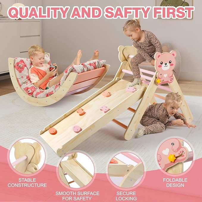 Pikler Triangle Set with Cushion, 7 in 1 Climbing Toys for Toddlers Inside, Montessori Foldable Climbing Set, Wooden Climbing Toys Indoor with Arch, Ramp and Ladder(Bear)