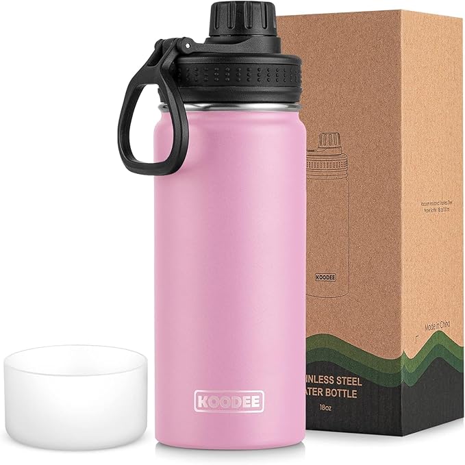 koodee Insulated Water Bottle, 18 oz Stainless Steel Double Wall Vacuum Wide Mouth Sport Bottle with Leakproof Spout Lid (Pink)