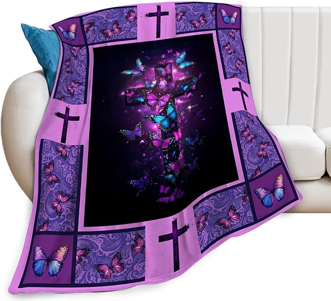 Christian Cross Blanket, Purple Butterfly Throw Blanket, Religious Gifts Blankets Stuff Fleece Flannel Plush for Women Men Boys Girls Lovers Adults Soft Bedding for Sofa Bed Home Decor 60"x50"