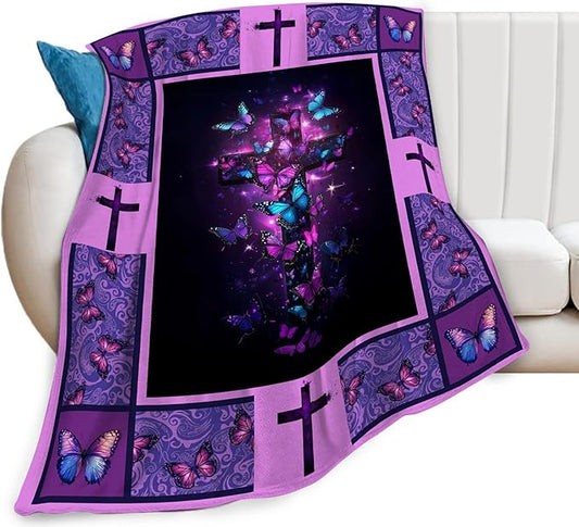 Christian Cross Blanket, Purple Butterfly Throw Blanket, Religious Gifts Blankets Stuff Fleece Flannel Plush for Women Men Boys Girls Lovers Adults Soft Bedding for Sofa Bed Home Decor 60"x50"