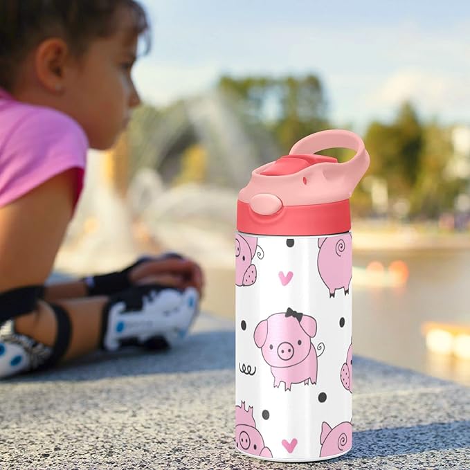 Kigai Cute Pig Kids Water Bottle, Vacuum Insulated Stainless Steel Water Bottle, Double Walled Leakproof Tumbler Travel Cup for Girls Boys Toddlers, 12 oz